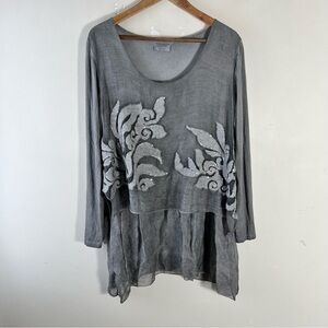 Femme Fatale Top Womens Large Grey Embroidered Sequin Layered Tunic Flowy Silk